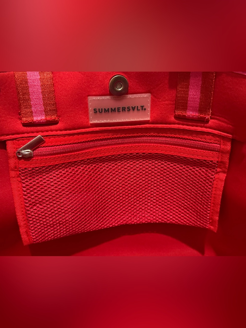 summersalt Pink Tote with Red Side Panels and Striped Handles - Picture 4 of 5